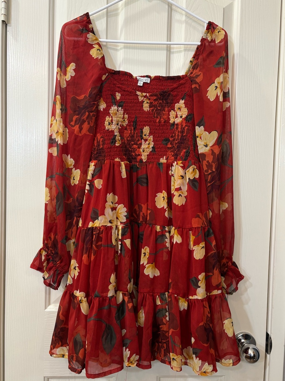 Patrons of Peace Floral Red Tiered Long-Sleeve Dress